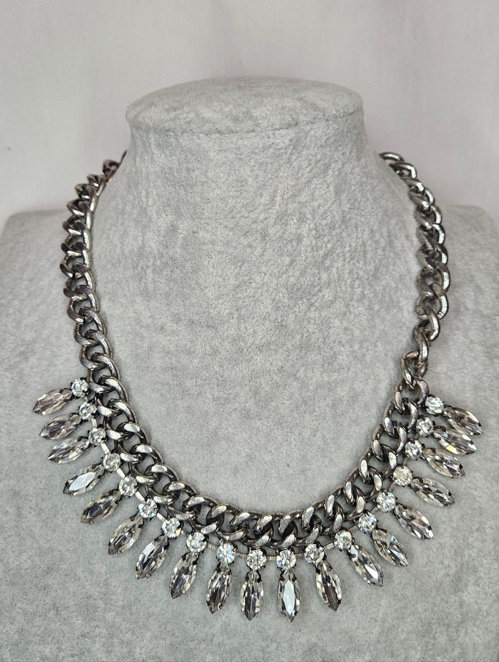 Bold Statement Rhinestone Necklace Silver Tone Clear Rhinestones 18-21"